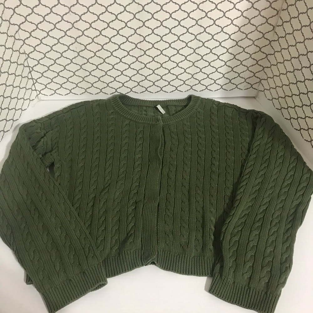 YFB Women’s Cable-Knit 100% Cotton Cardi Sweater Green Cardigan Size L